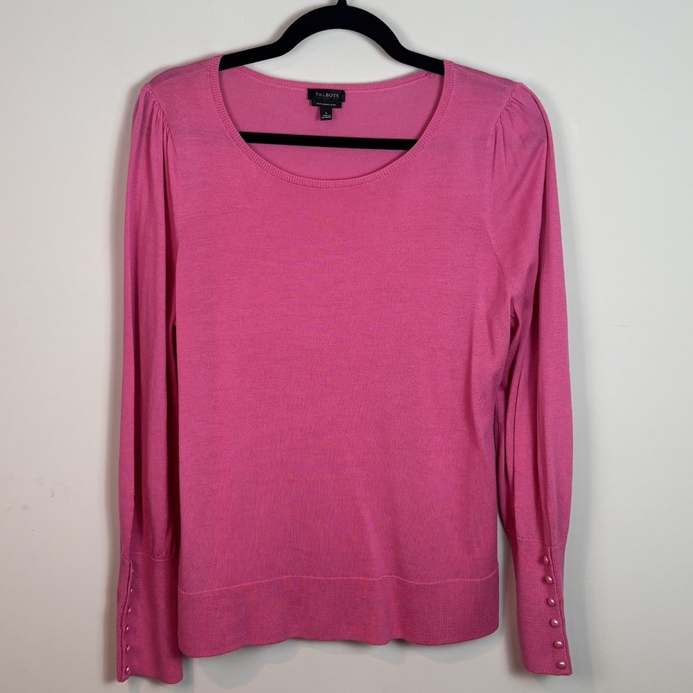 Talbots Womens 100% Pure Merino Wool Pink Long Sleeve Puff Sleeve Sweater Large